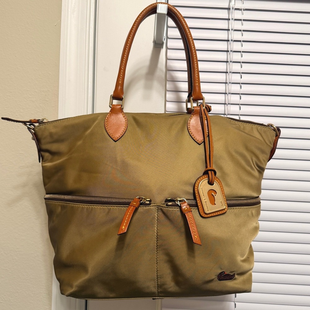 Dooney & Bourke Nylon Satchel Bag Khaki Tan Leather Trim Pockets Hot Pink